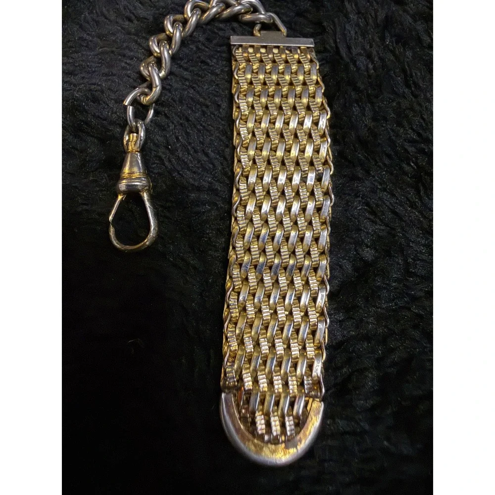 Vintage Two Tone Mesh Pocket Watch Fob Chain Mixed Metal Swivel Dog Clip